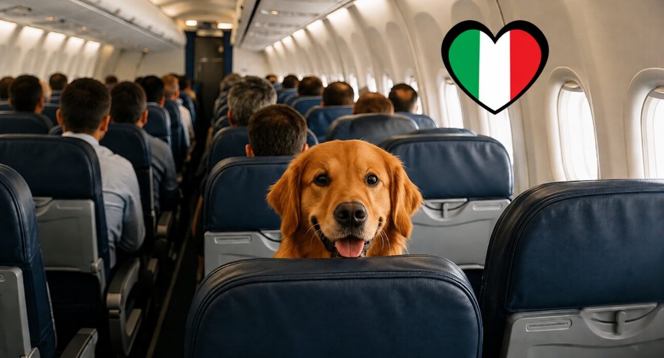 Golden retriever travelling inside an airplane cabin with a heart-shaped Italian flag in the background.