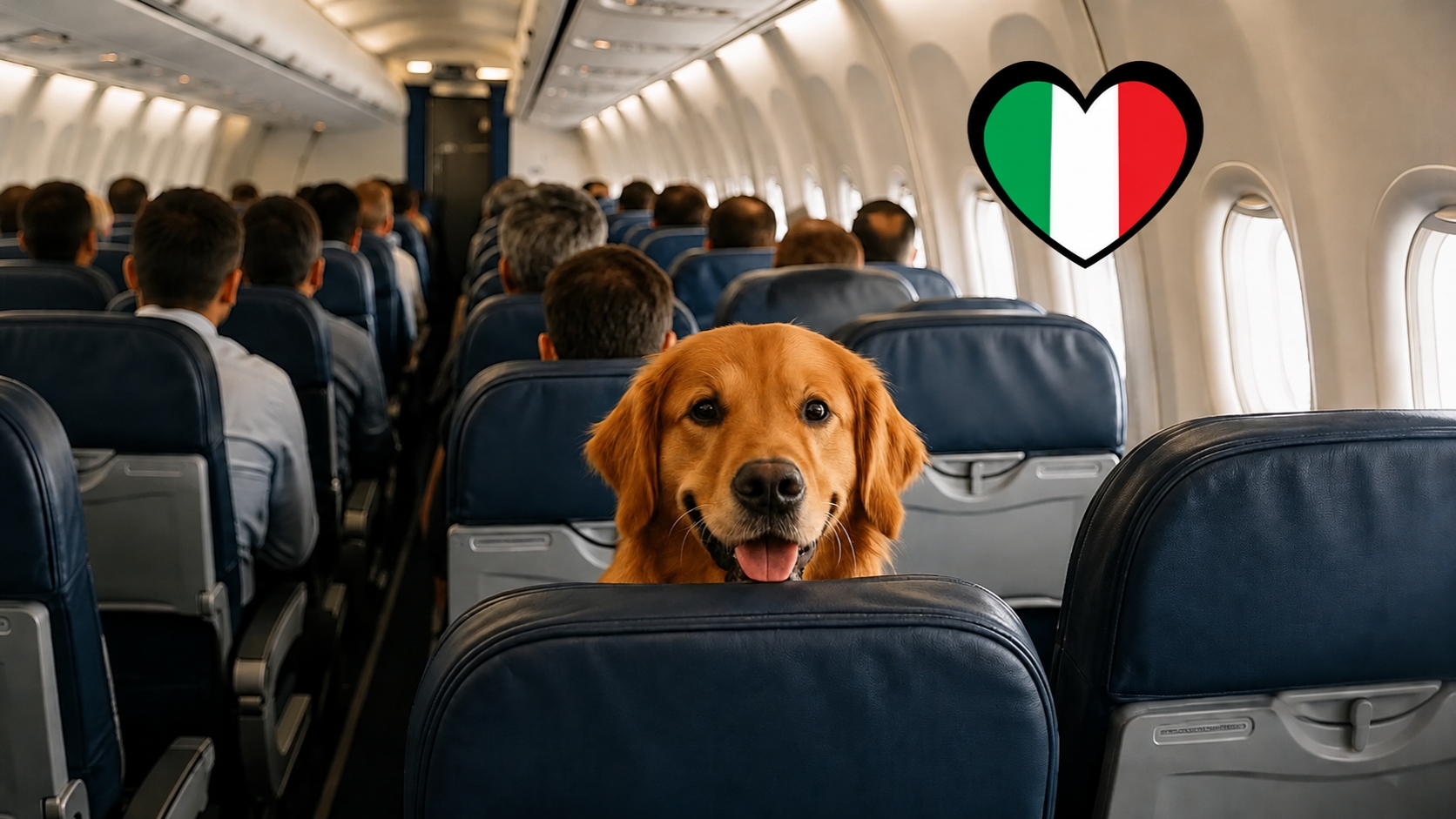 Golden retriever travelling inside an airplane cabin with a heart-shaped Italian flag in the background.